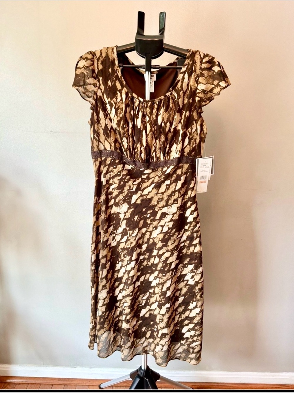 Vintage Dorby Print Dress Women 12 Brown Chiffon Midi NWT 90s Boho